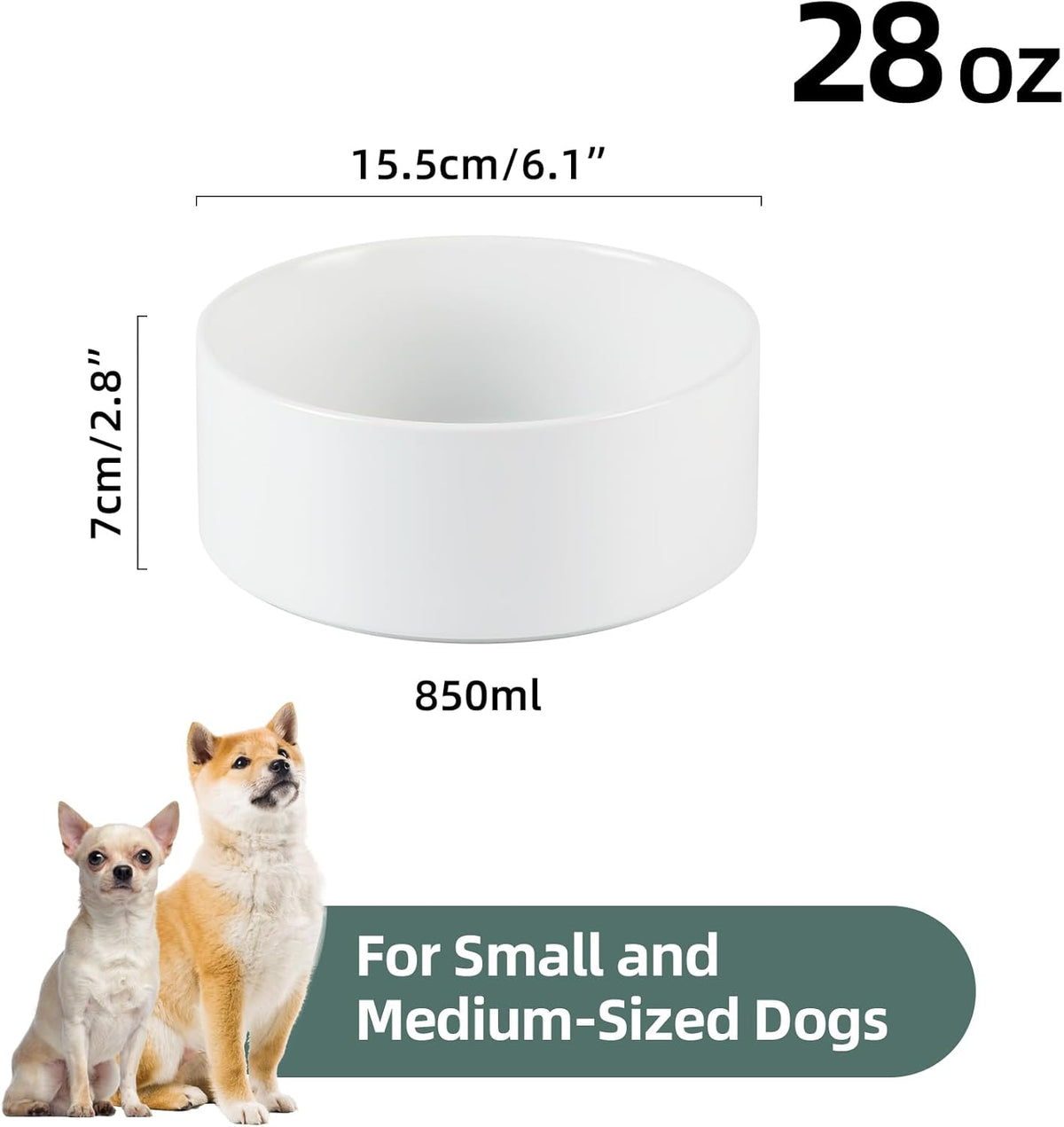 Ceramic 6.1inch Non-Slip Dog Food and Water Bowl for Small & Medium Breed Dogs,Pet Bowl for