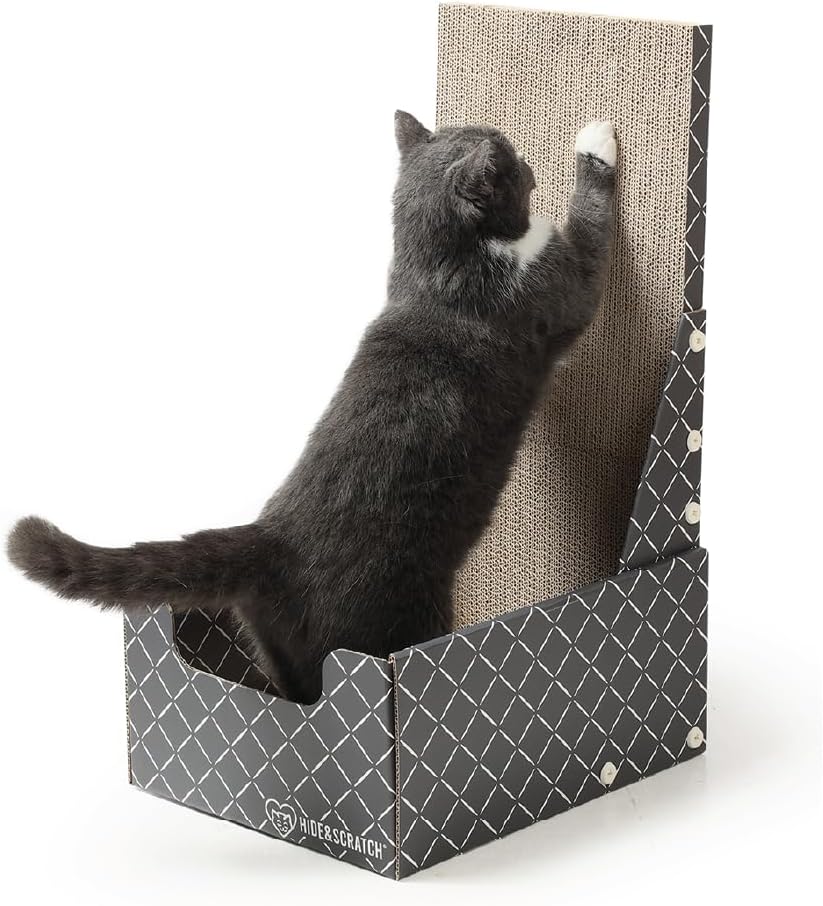 HIDE & SCRATCH 26" L Shaped Cat Scratcher Box and Cat Bed with Double-Sided Cardboard Cat Scratch