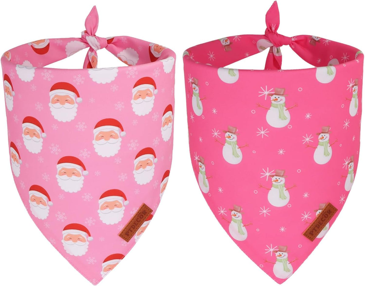 PTDECOR Christmas Dog Bandana, Santa Snowman Design Reversible Holiday Pet Scarf, Pink Triangle Fit