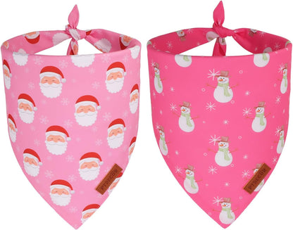 PTDECOR Christmas Dog Bandana, Santa Snowman Design Reversible Holiday Pet Scarf, Pink Triangle Fit