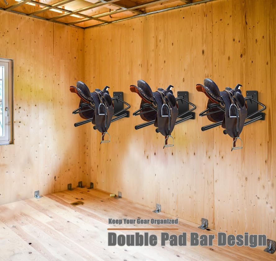 2Pcs Saddle Rack with Double Pad Bar,Heavy Duty Wall Mounted Saddle Rack Stand Saddle Pad Rack for
