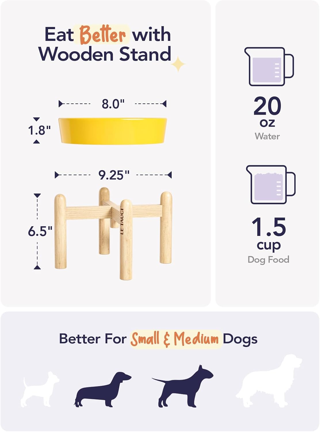 LE TAUCI Ceramic Slow Feeder Puzzle Bowl Elevated 1.5 Cup with Wooden Stand for Small & Medium Dog