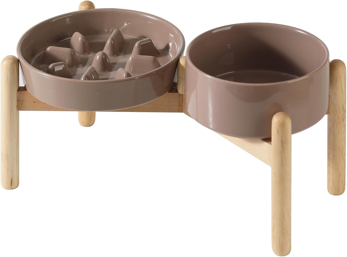 Ceramic Raised Slow Feeder Dog Bowl Set, Elevated 6.1inch Bowl and 7.3inch Slow Pet Food Dish with