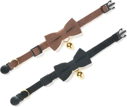 2 Pack Soft Corduroy Cat Collars with Bow Tie & Bell, Adjustable Breakaway Cotton Kitty Bowtie