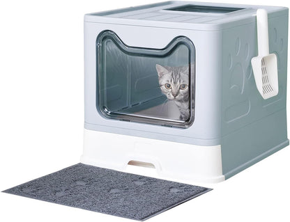Cat Litter Box with Litter Mat and Scoop, Large Foldable Litter Box with Lid, Front Entry Top Exit