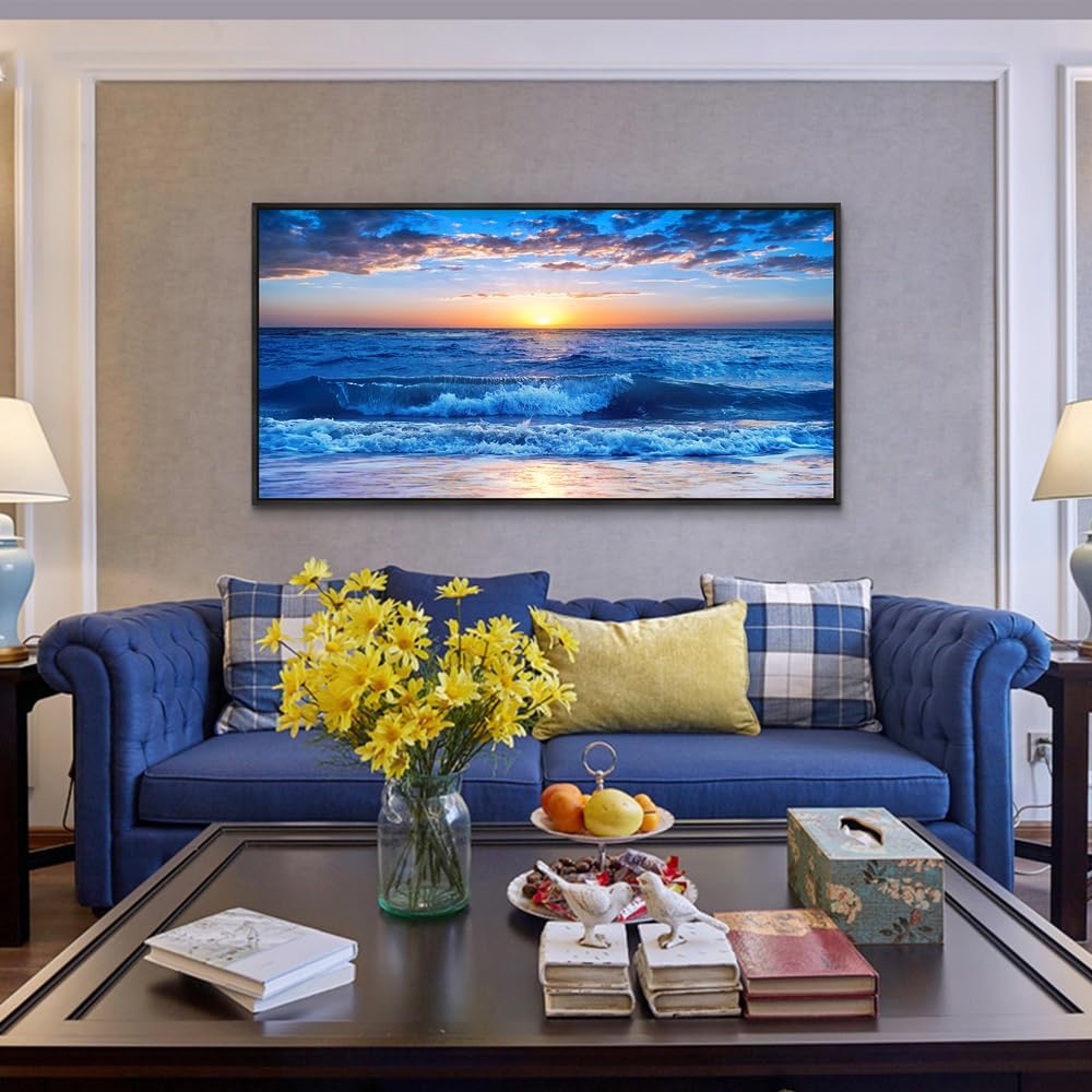 Wapluam Large Canvas Art - Blue Ocean Beach Scene, Sunny Sea View, Wave Wall Pictures, Black Framed