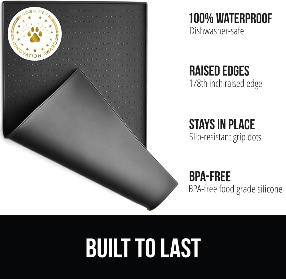 GORILLA GRIP 100% Waterproof Raised Edge BPA Free Silicone Pet Feeding Mat, Dog Cat Food Mats
