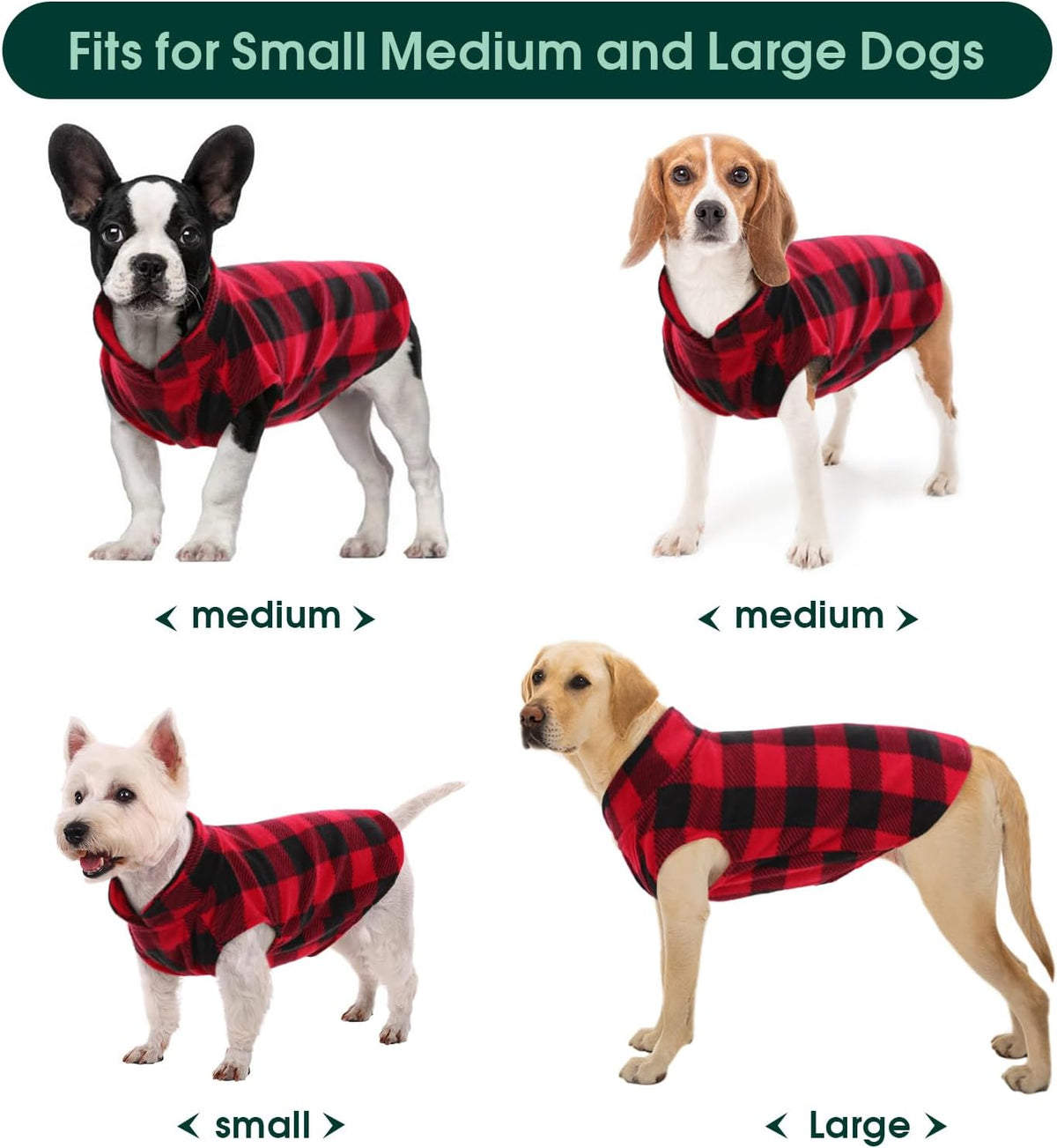Kuoser Dog Fleece Vest,Warm Plaid Dog Sweater with Leash Hole,Soft Turtleneck Winter Pet Jacket