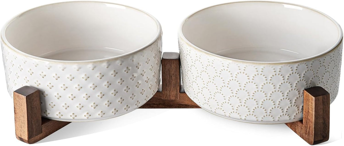 LE TAUCI Ceramic Dog Bowls with Acacia Wood Stand - 7 Inch Food & Water Set for Medium-Large Dogs