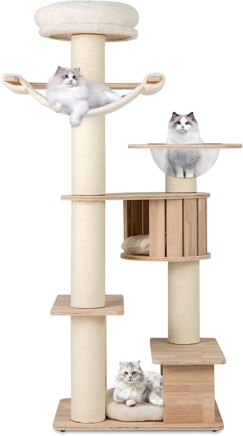 Tangkula 69” Tall Cat Tree, Multi-Layer Wood Cat Tower with Scratching Posts, Perch, Condo, Space