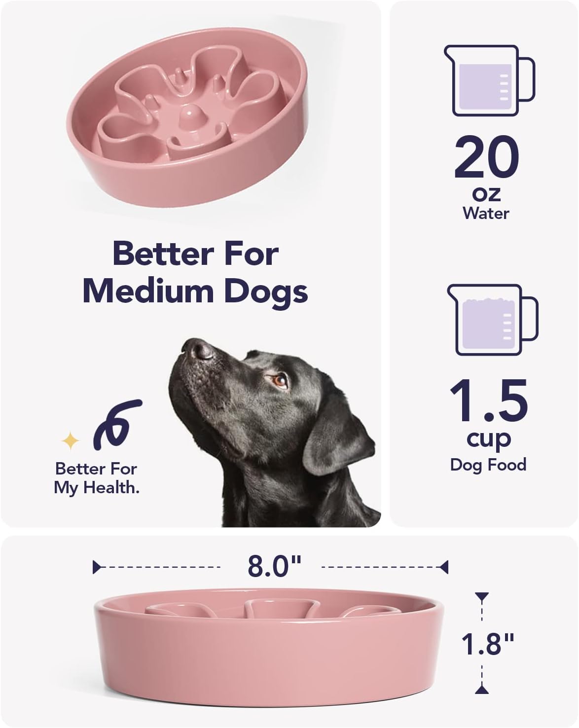 LE TAUCI Slow Feeder Dog Bowls Ceramic, 1.5 Cups Dog Food Bowl, Puppy Slow Feeder Dish for Fast