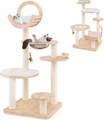 Tangkula Solid Wood Cat Tree, 4-in-1 Building Block Large Cat Tower with Space Capsule Nest