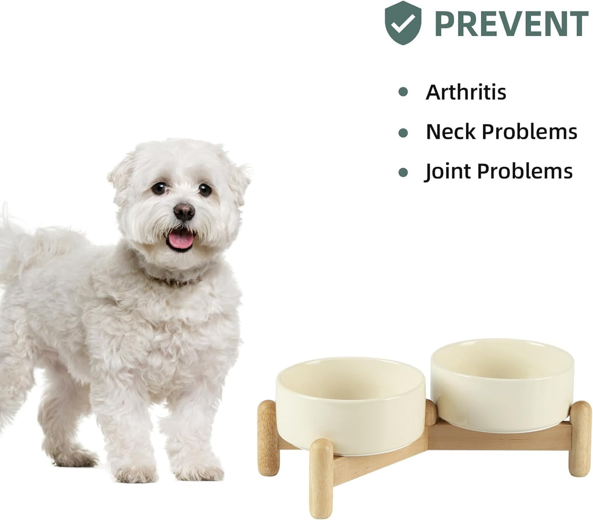 Ceramic 5.1inch Raised Double Bowls Set with Wooden Stand, Elevated Food & Water Bowls for Small
