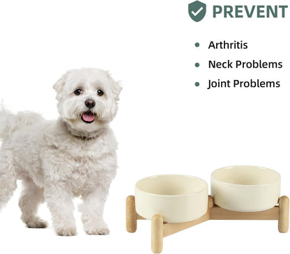 Ceramic 5.1inch Raised Double Bowls Set with Wooden Stand, Elevated Food & Water Bowls for Small