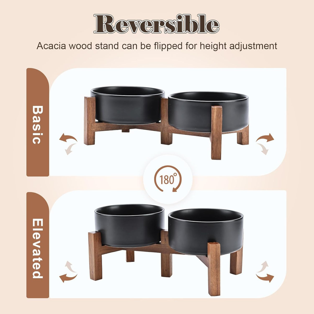 SPUNKYJUNKY Ceramic Dog Bowls with Acacia Wood Stand - Raised Dog Food and Water Bowl Set for Small