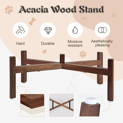 SPUNKYJUNKY Raised Ceramic Dog Bowls Set with Non-Slip Acacia Wood Stand for Medium Sized Dog(42.27