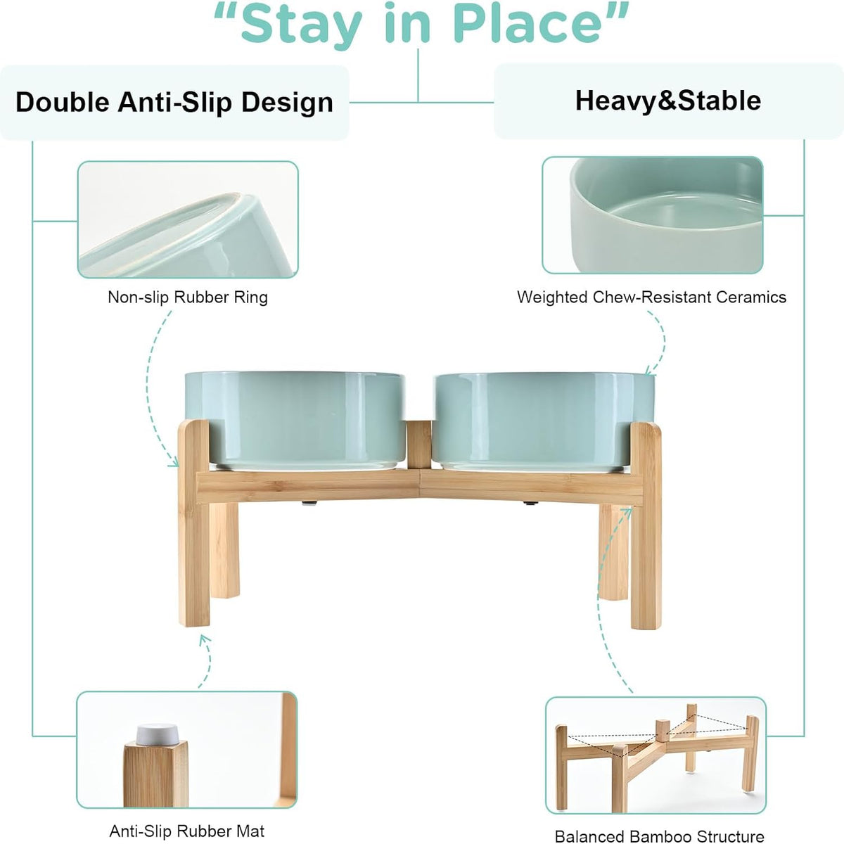 SPUNKYJUNKY Elevated Dog Bowls Ceramic, 7.3'' Dogs Food Water Bowls Raised with Non-Slip Bamboo