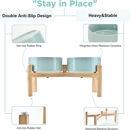 SPUNKYJUNKY Elevated Dog Bowls Ceramic, 7.3'' Dogs Food Water Bowls Raised with Non-Slip Bamboo