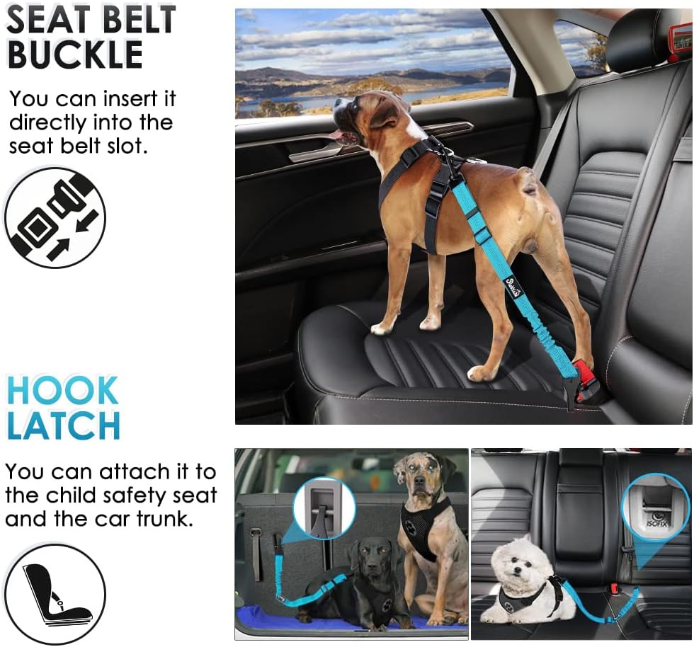 SlowTon Dog Seat Belt, Adjustable Dog Safety Belt Leash, 2 in 1 Latch Bar Attachment Dogs Car