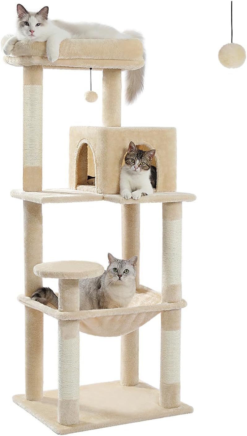 Cat Tree for Large Cats Adult with Metal Plush Big Hammock, 56.3" Cat Tower with 2 Door Condo