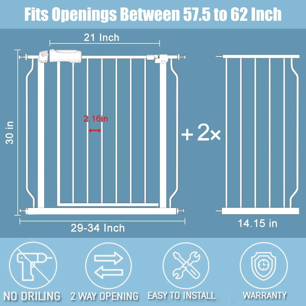 57.5-62 Inch Extra Wide Baby Gates for Stairs Doorways Pressure Mount No Drill Dog Pet Gate
