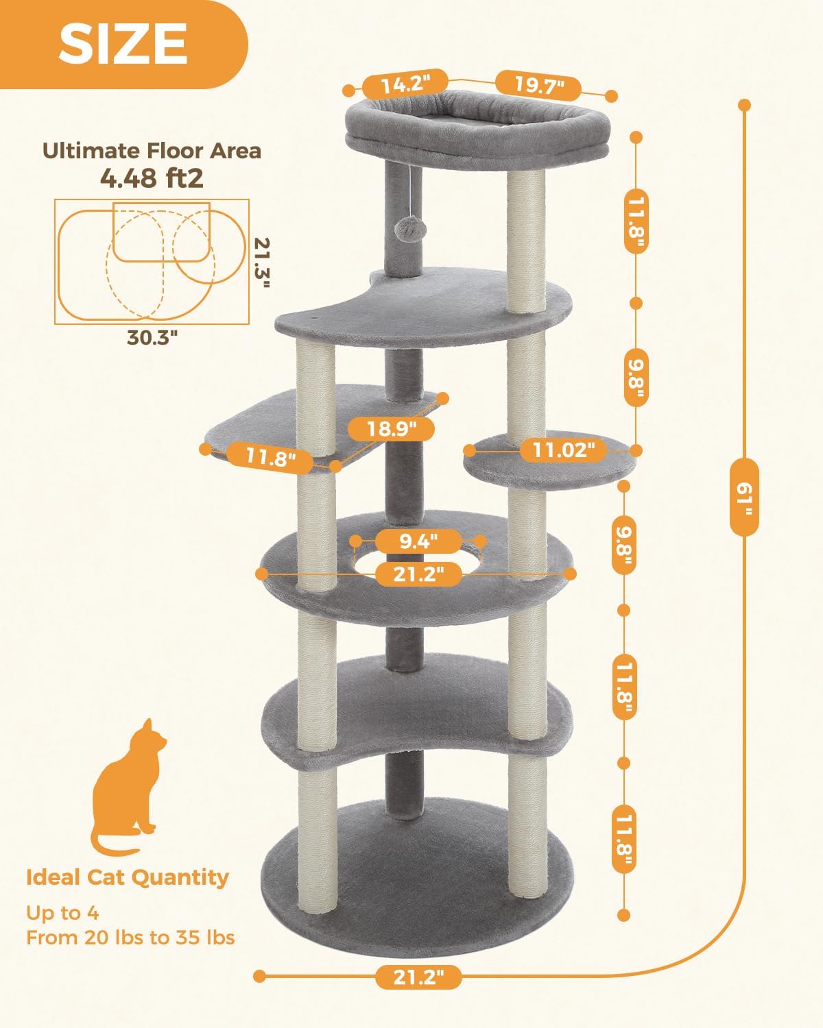 PETEPELA 61" Cat Tree for Indoor Cats, [6-Levels] Cat Climbing Tower with 9 Sisal Scratching Posts