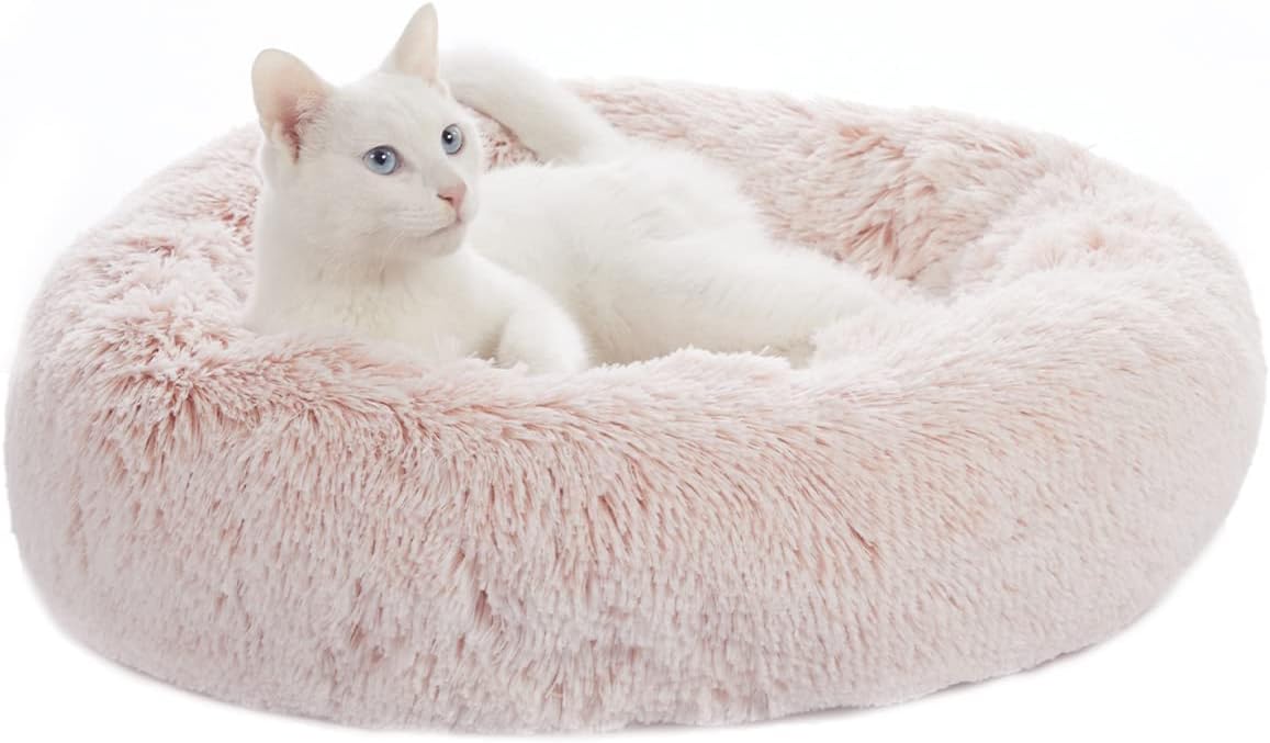 Bedfolks Calming Donut Dog Bed Cat Bed, 23 Inches Round Fluffy Dog Beds for Small Dogs, Machine