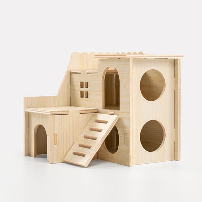 Multi-Chamber Hamster Hideout & House, Natural Wood Small Animal Cage Accessories for Dwarf