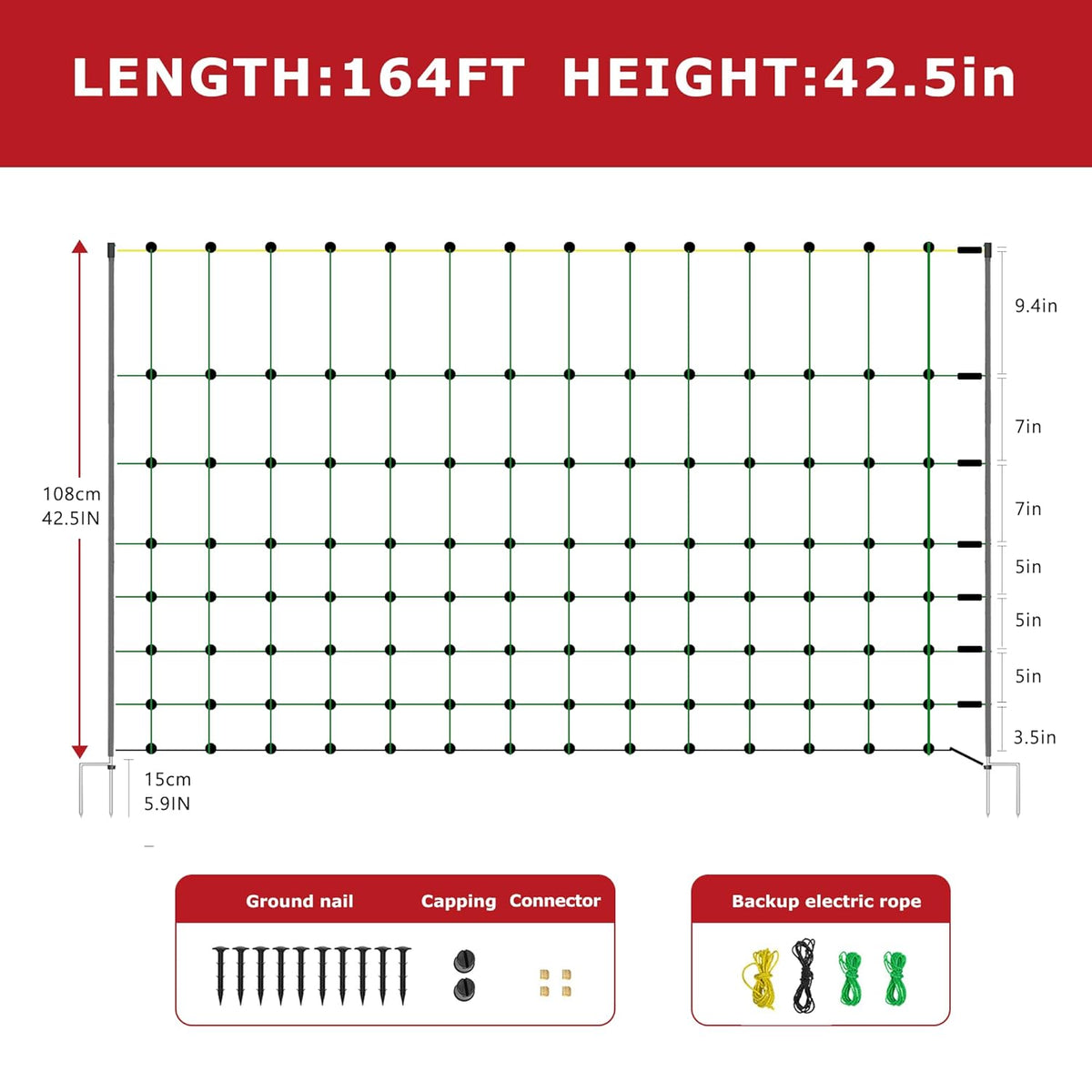 Electric Fence Netting, 164'L x 42.5" H Electric Fence Kit for Livestock, Goat, 14 Posts Double