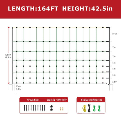 Electric Fence Netting, 164'L x 42.5" H Electric Fence Kit for Livestock, Goat, 14 Posts Double