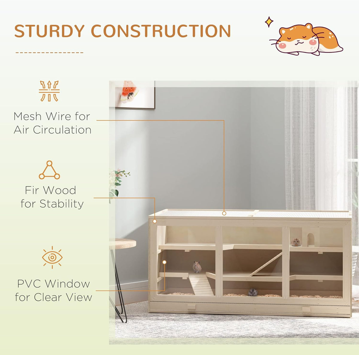 PawHut 45" Extra Large Wooden Hamster Cage, 3-Layer Chewproof Rat Cage with Opening Roof, Hut