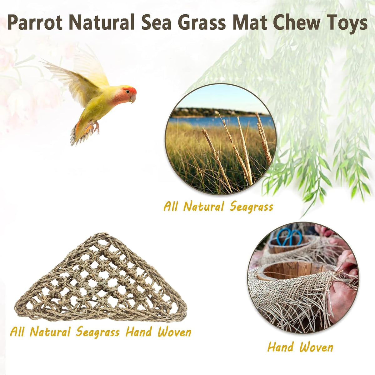 BNOSDM Bird Seagrass Mat, 3 PCS 7.1 x 7.1 Inches Parrot Natural Seagrass Woven Bird Net Hammock