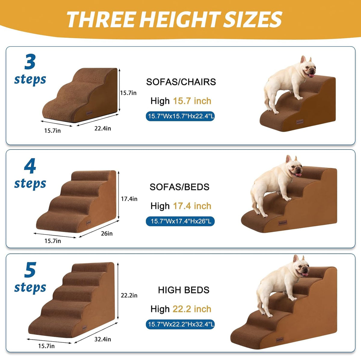 5-Step Dog Stairs and Ramp for High Bed,Non-Slip Sturdy Pet Steps for Small Dogs and Cats,22.2"