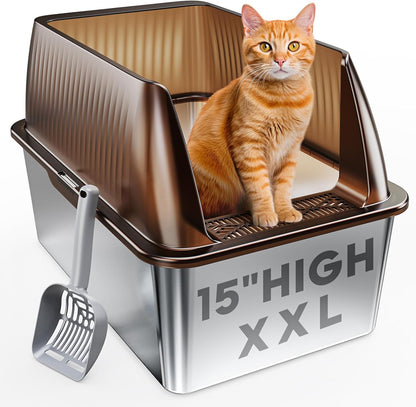 Tripamin 15” XL Stainless Steel Cat Litter Box Enclosure, XXL Stainless Steel High Sides with Lid