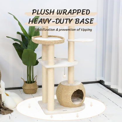 KAMABOKO Modern Cat Tree, 53" Cat Tower for Indoor Cats Natural Sisal Scratching Posts, Hand-Woven