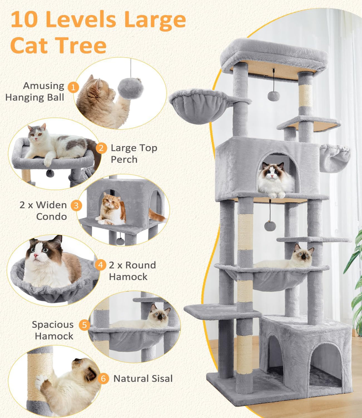 Cat Tree Large Cat Tower Tree 68" Multi-Level Cat Tower for Indoor Cats with Sisal Scratching