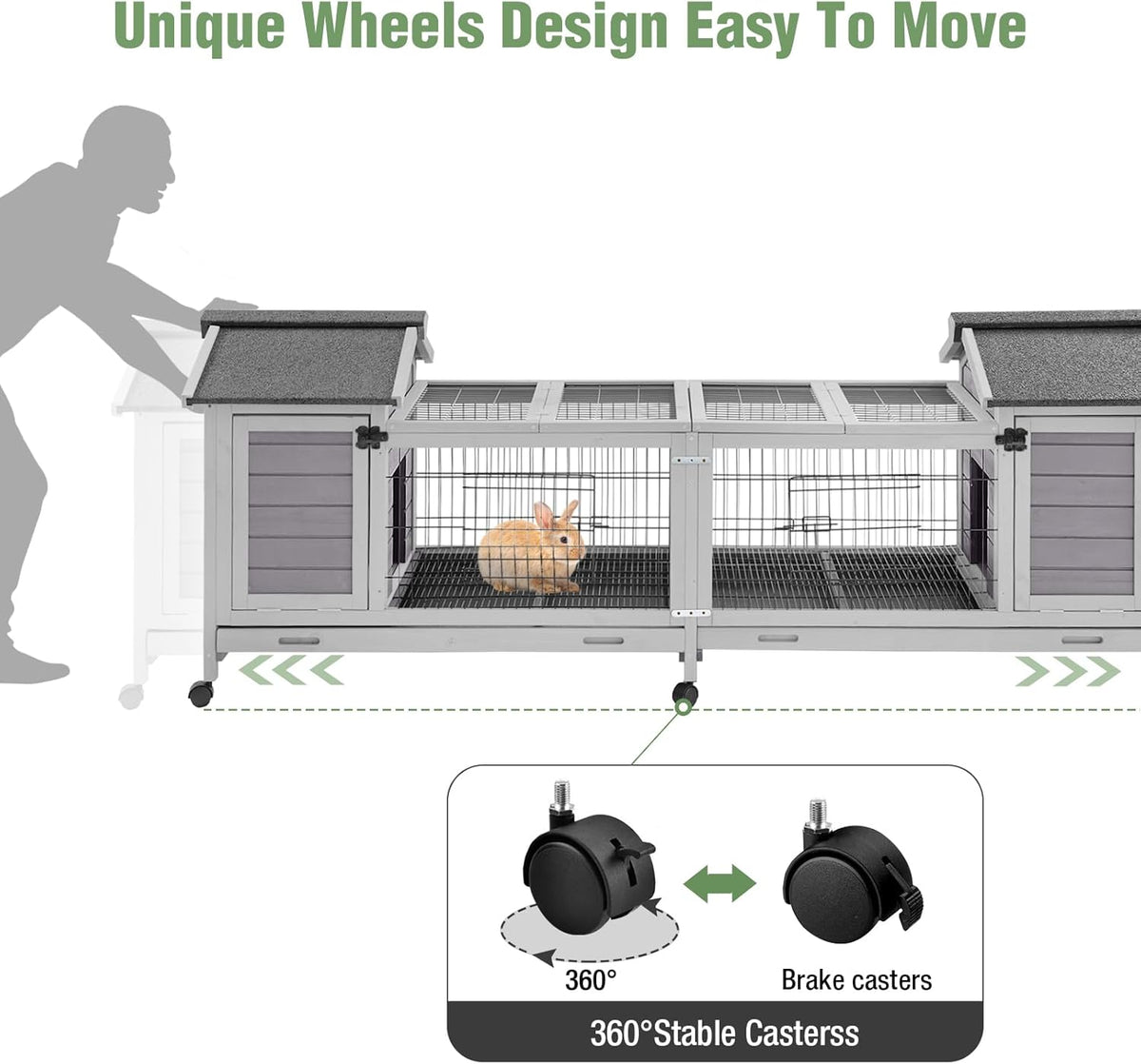 Wooden Rabbit Hutch with Wheels, Indoor Outdoor Bunny Cage with Removable Netting, Guinea Pig House