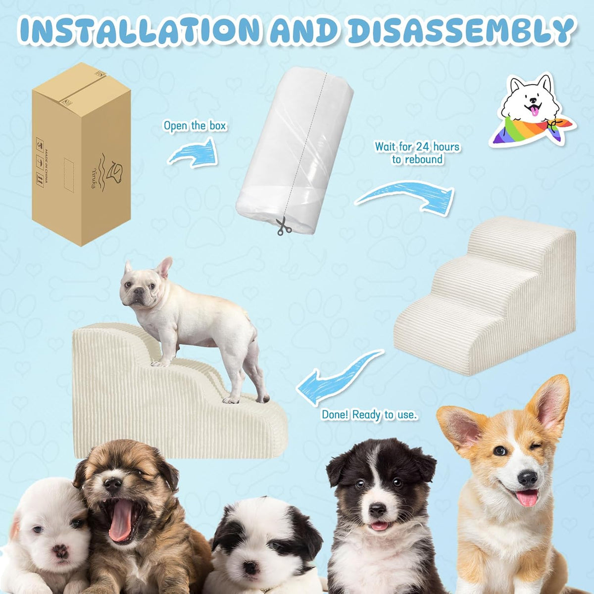 Dog Steps for Small Dogs, 3-Step Pet Ramp Stairs for High Beds and Sofa, Non-Slip Pet Stairs for