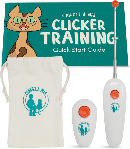 ALBERT & MIA Cat Training Kit (4 Pieces) - Quiet Clicker + Target Stick Clicker + Treats Pouch +