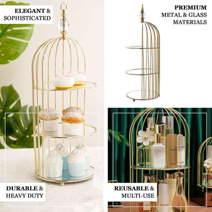 Efavormart 22" - 3 Tier Crystal Mirror Top Gold Metal Bird Cage Cupcake Cake Stand, Dessert Display