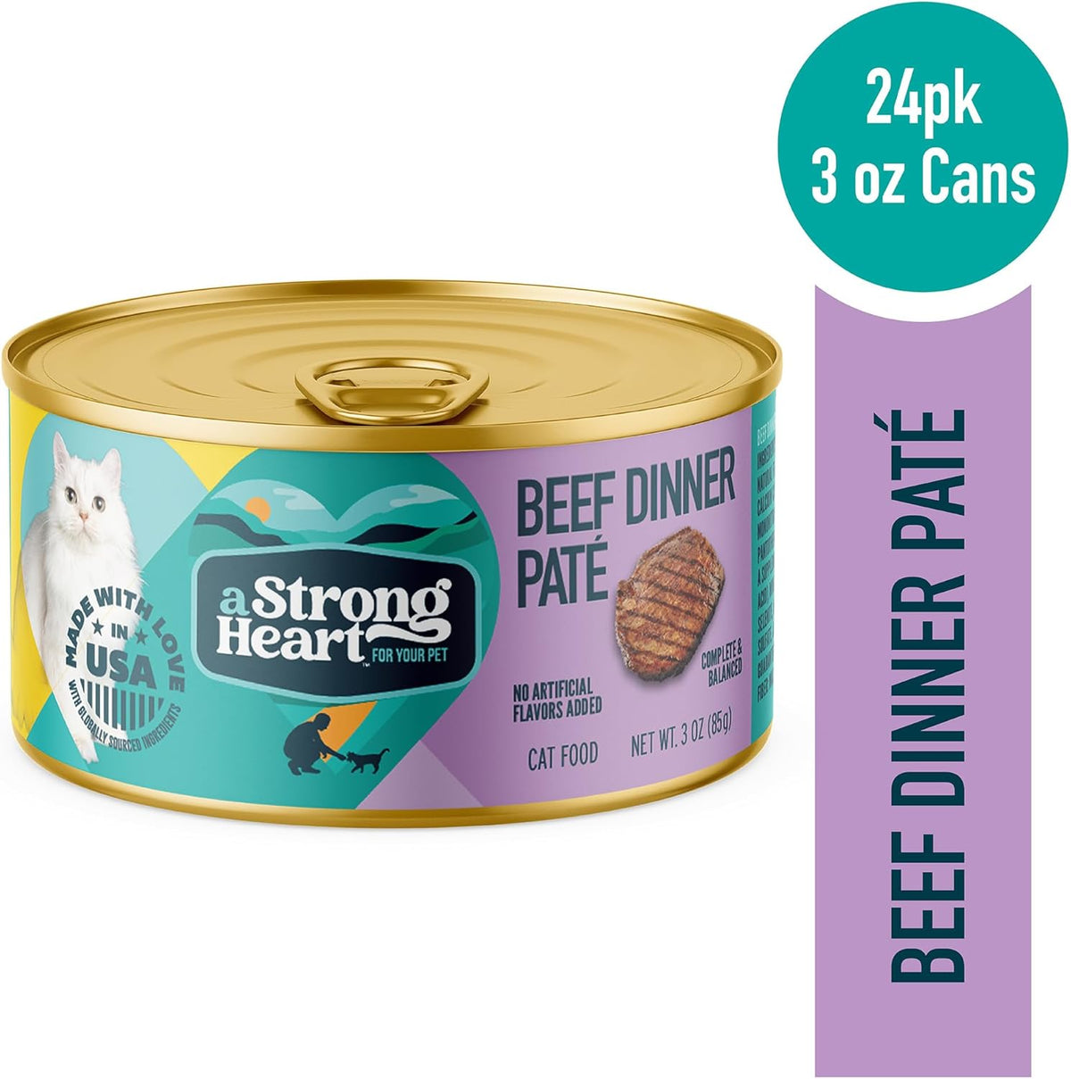 A Strong Heart Canned Wet Cat Food, Beef Dinner Paté - 3 oz Cans (Pack of 24), Made in The USA with