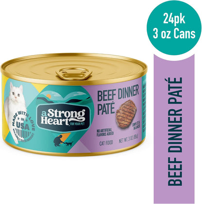 A Strong Heart Canned Wet Cat Food, Beef Dinner Paté - 3 oz Cans (Pack of 24), Made in The USA with