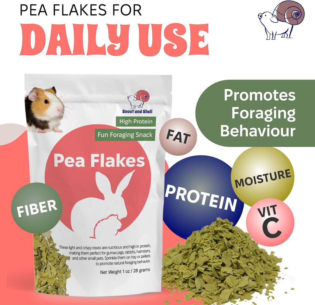Snout and Shell Pea Flakes for Small Pets – High-Protein Treat for Guinea Pigs, Rabbits, Hamsters