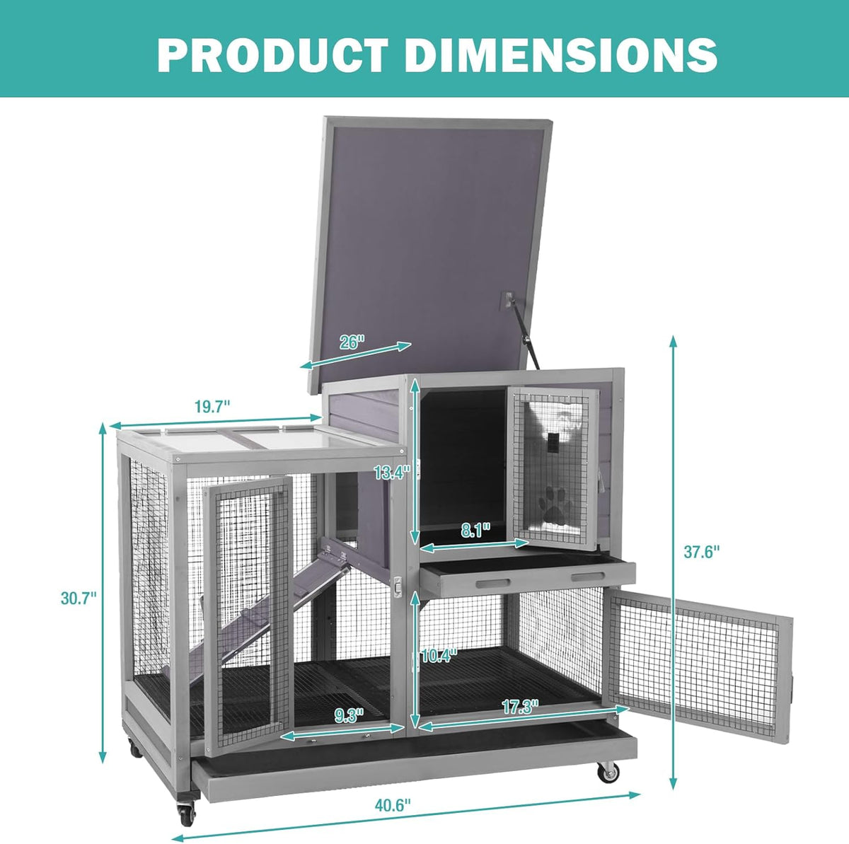 Rabbit Hutch Indoor for 2-4 Rabbits & Guinea Pigs，Bunny Cage with Slide-Out Plastic Trays，Wooden