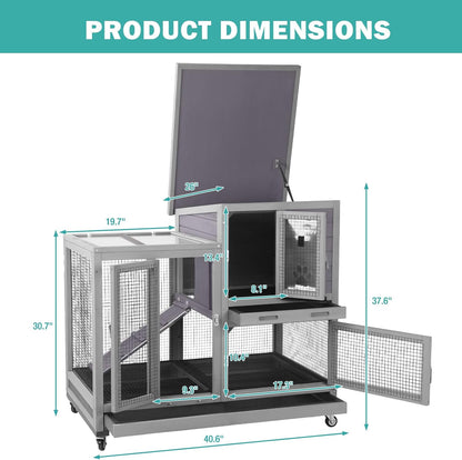 Rabbit Hutch Indoor for 2-4 Rabbits & Guinea Pigs，Bunny Cage with Slide-Out Plastic Trays，Wooden