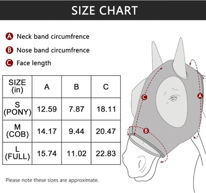 Horse Fly Mask with Ears - Large Eye Space for Full Vision, Breathable Stretch Comfort Fit, UV