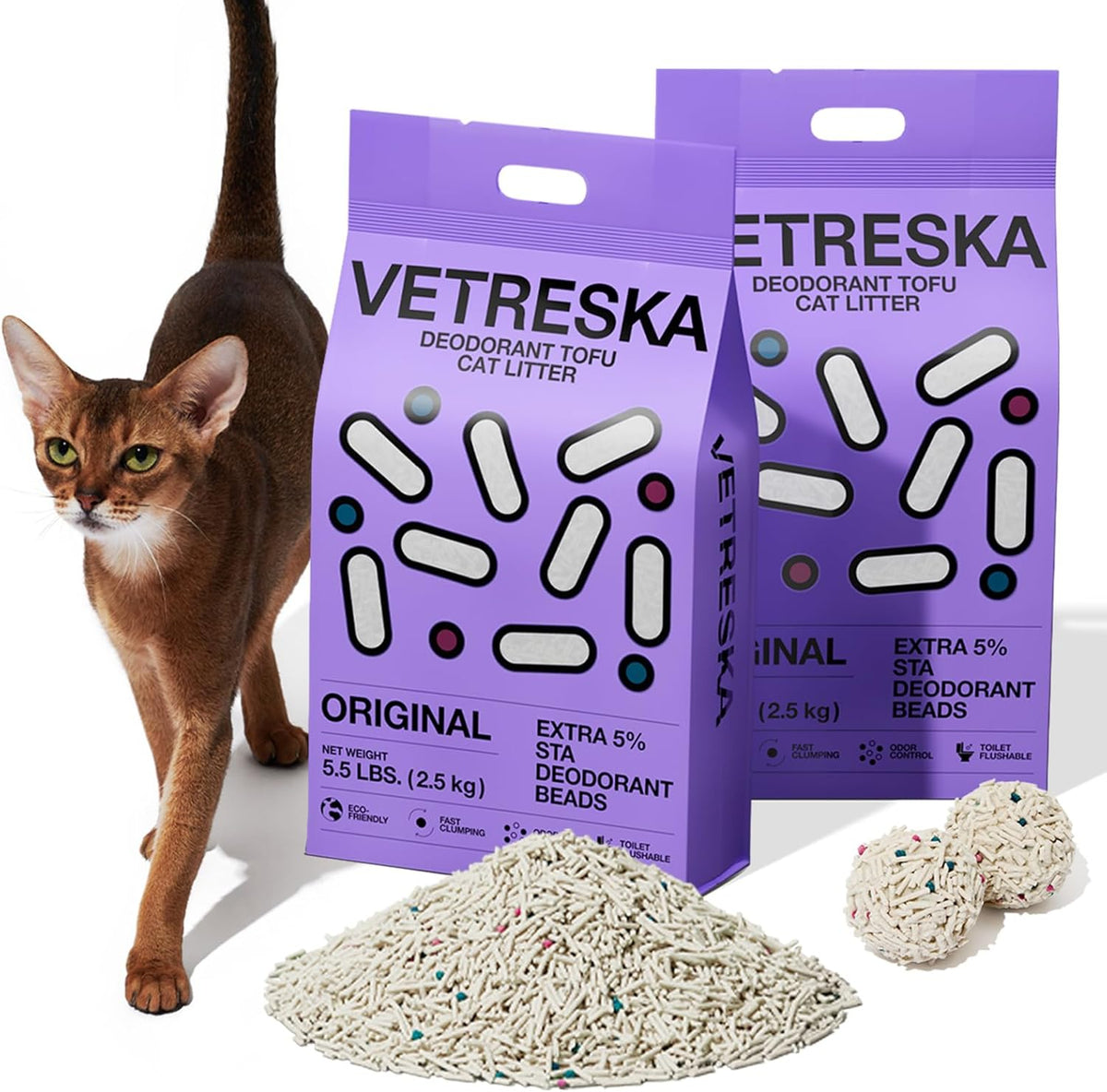 VETRESKA Tofu Cat Litter,Kitty Litter Flushable Strong Clumping Cat Litter Pellets Ultra