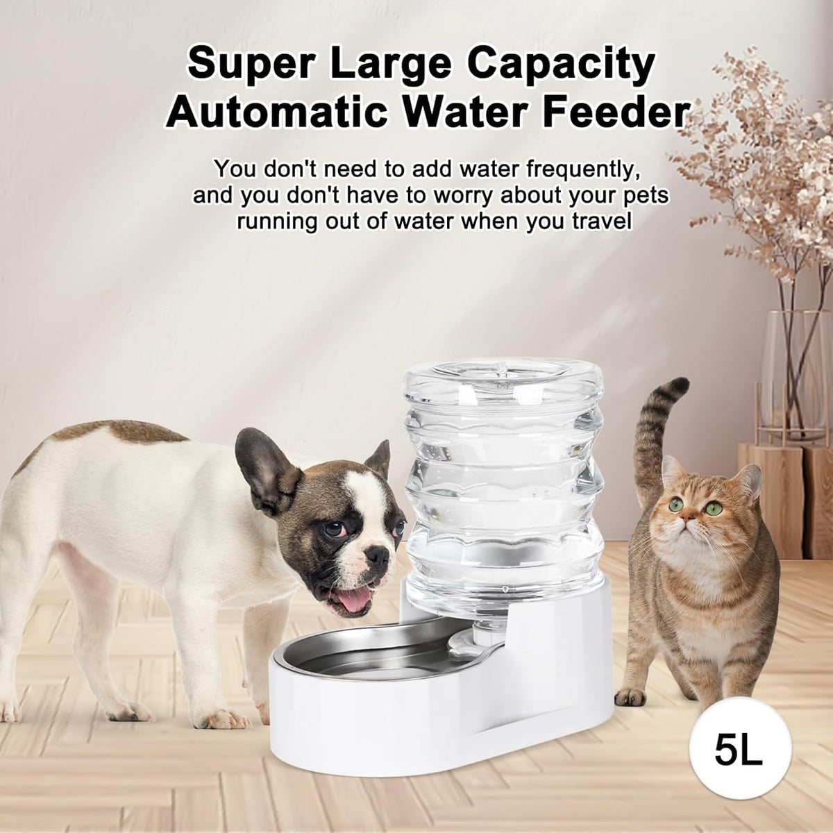RIZZARI Dog Water Bowl Dispenser: 5L Automatic Stainless Steel Gravity Feeder - Large Capacity