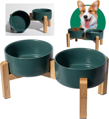 Elevated Ceramic Dog Bowl Set - Raised Dog Bowls with Non-Slip Bamboo Stand - Dog Food and Water