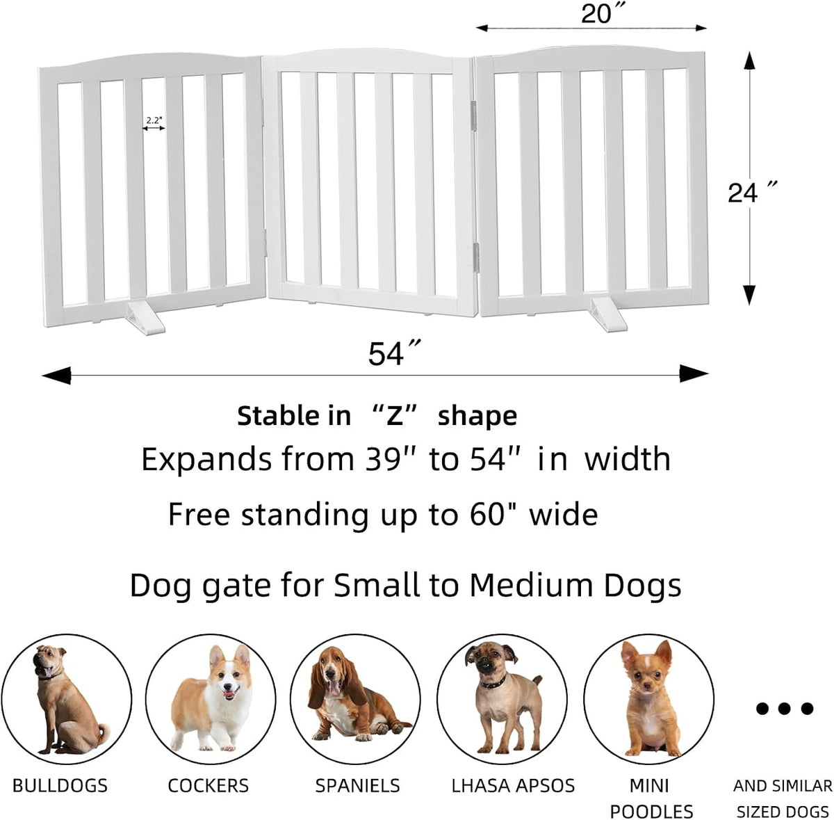 ZJSF Foldable Freestanding Indoor Dog Gate for House Wood White Long Pet Gates Dog Fence for Stairs